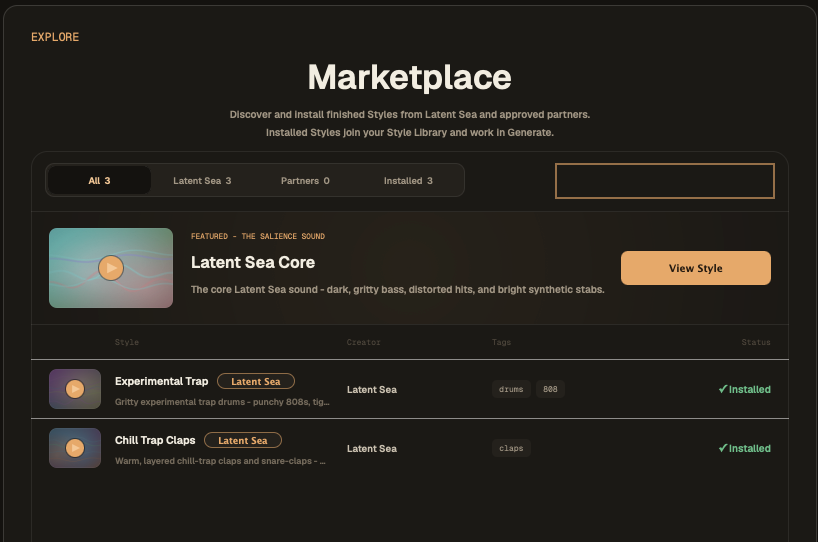 Salience's Marketplace, showing Latent Sea Styles: Latent Sea Core, Experimental Trap, and Chill Trap Claps.